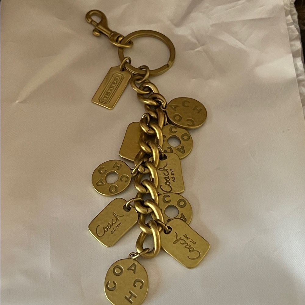 Coach Gold Tone Logo Tag Charm Keychain RARE hard to find 9” GUC